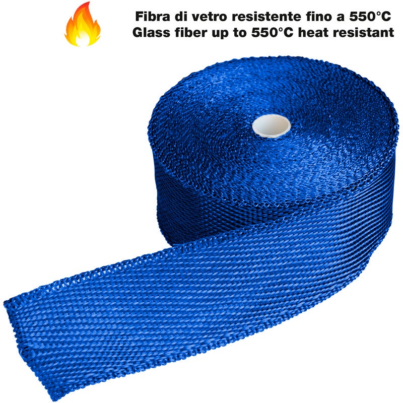 Simoni Racing Exhaust Heat-Insulating Wrapping Kit 2B - 15m x 5cm + 6 clamps < 550°C - Glass Fibre - Blue
