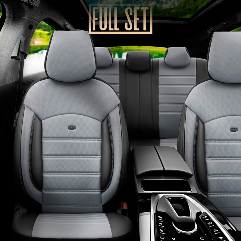 Universal Full-Leather Seat cover set 'Inspire' Black/Grey - 11-pieces -  Side-Airbags