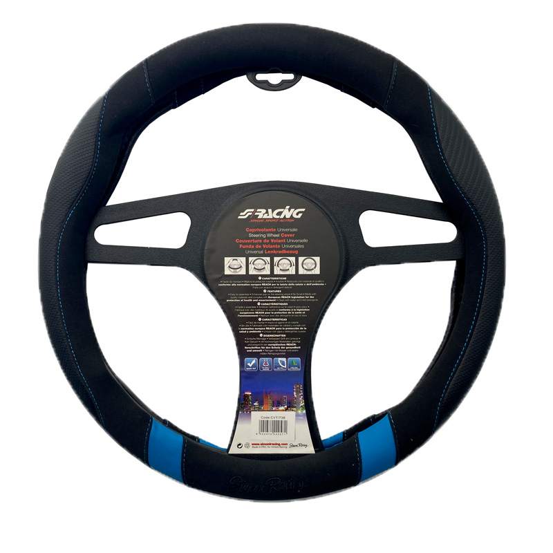 Simoni Racing Steering Wheel Cover Good Vibe B - Black Ecoleather/Microfiber/Carbon Look + Blue Inserts - 37-39cm