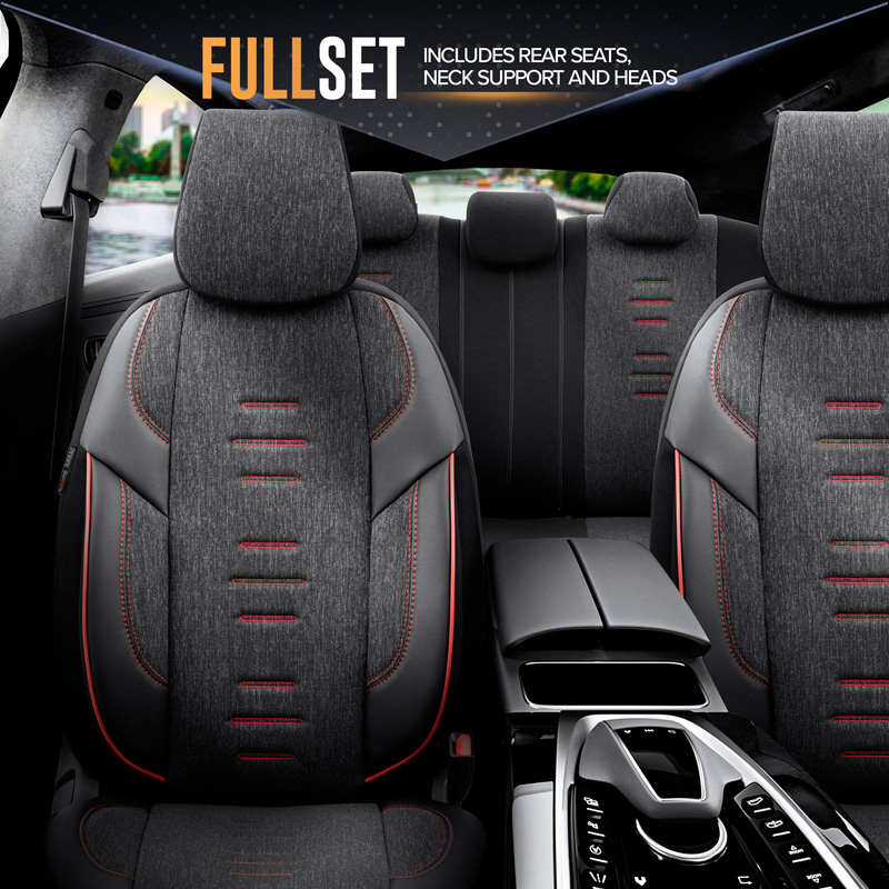 Universal Linen/Leather/Fabric Seat cover set 'Throne' Black/Grey/Red - 11-pieces -  Side-Airbags