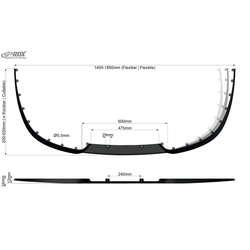 RDX Universal Cup 2.0 Front spoiler lip - Flexible - Black (PU)
