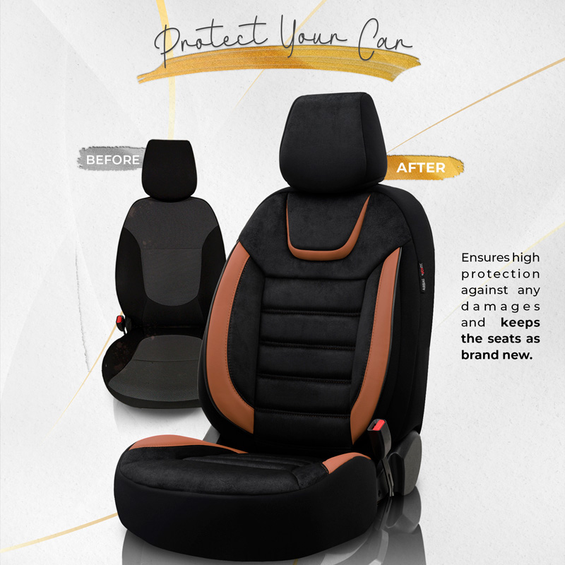 Universal Suede/Leather/Fabric Seat cover set 'Iconic' Black/Terracotta - 11-pieces -  Side-Airbags