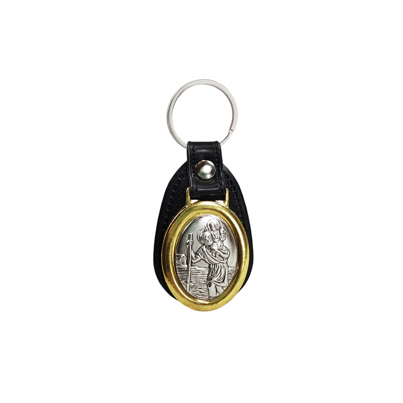 Stainless steel key chain and imitation leather - 'St.Christopher' (silver)