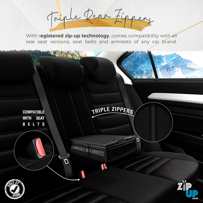 Universal Suede/Leather/Fabric Seat cover set 'Iconic' Black/Terracotta - 11-pieces -  Side-Airbags