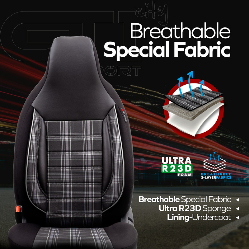 Universal Fabric 'CityBug' Seat cover set 'Sports' Black/Grey/White - 9-pieces -  Side-Airbags