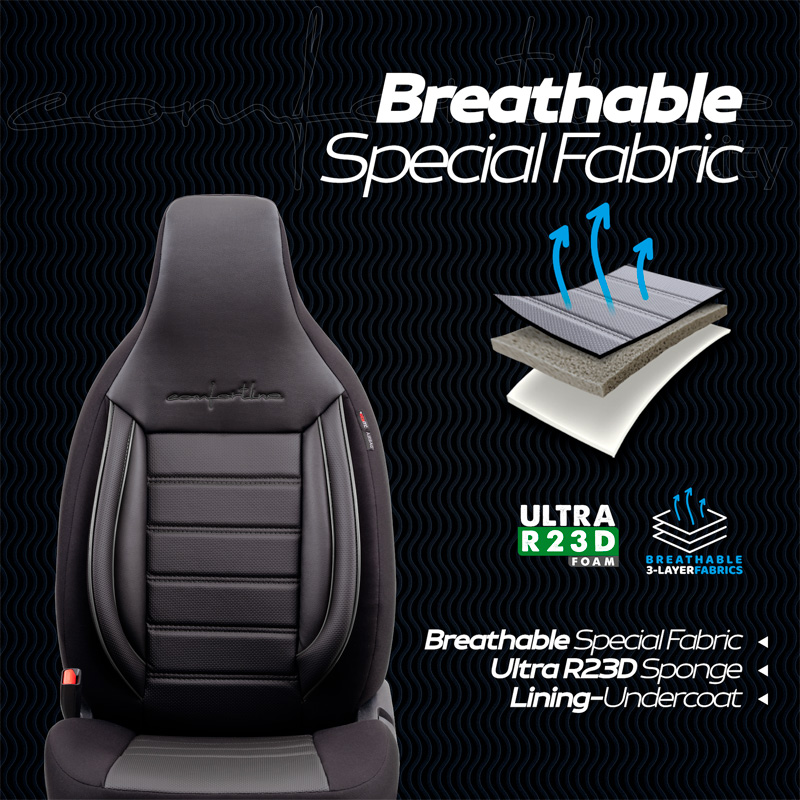 Universal Leather/Fabric 'CityBug' Seat cover set 'Comfortline' Black/Grey - 9-pieces -  Side-Airbags