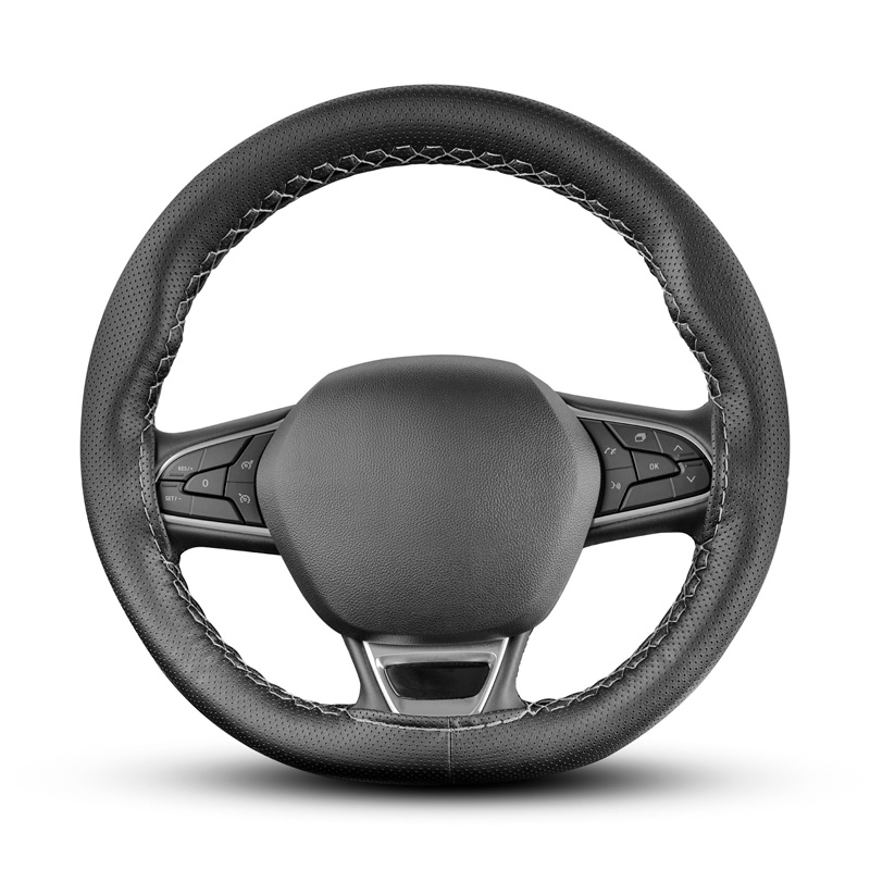 Universal steering wheel cover Classic - Black punched PVC leather + Grey stitch (lace)