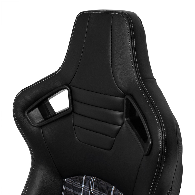 Sport seat 'GT' - Black Synthetic leather + Fabric in Grey checkered pattern + Grey stitching - Dual-side reclinable back-rest - incl. slides