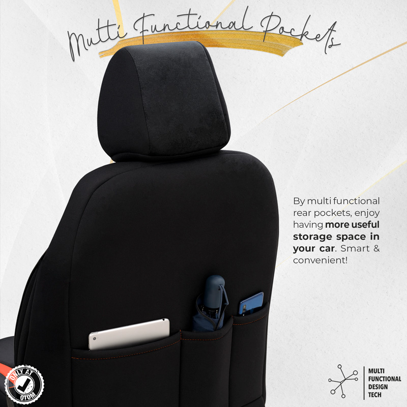Universal Suede/Leather/Fabric Seat cover set 'Iconic' Black/Terracotta - 11-pieces -  Side-Airbags