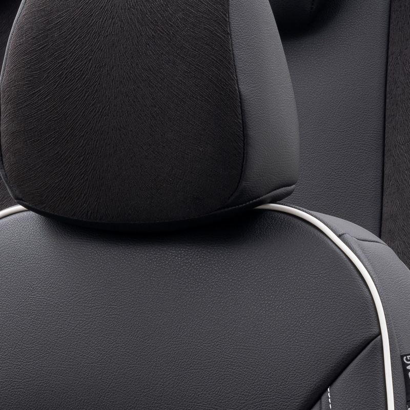 Universal Leather/Velours Seat cover set 'Premium' Black + White trim - 11-pieces -  Side-Airbags