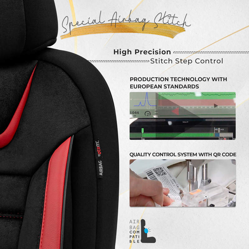 Universal Suede/Leather/Fabric Seat cover set 'Iconic' Black/Red - 11-pieces -  Side-Airbags