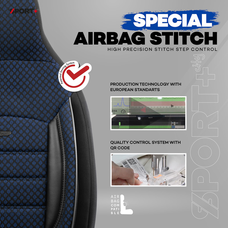 Universal Fabric 'CityBug' Seat cover set 'Sport Plus' Black/Blue - 9-pieces -  Side-Airbags