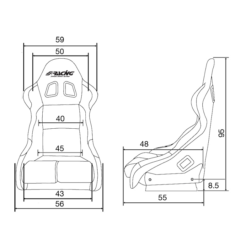 Simoni Racing Sport Seat Lewis - Black + Fibreglass Backrest - Non-Reclinable - incl. Sliders