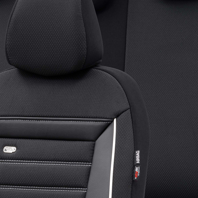 Universal Fabric Seat cover set 'Prestige' Black/Charcoal + White trim - 11-pieces -  Side-Airbags