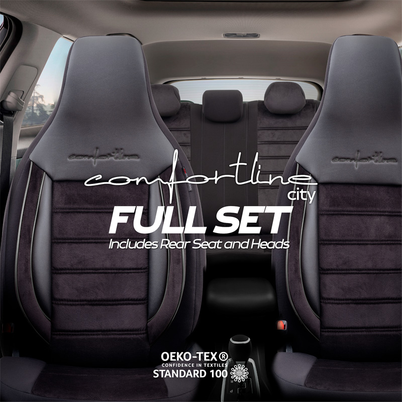 Universal Velours/Fabric 'CityBug' Seat cover set 'Comfortline' Black/Grey - 9-pieces -  Side-Airbags
