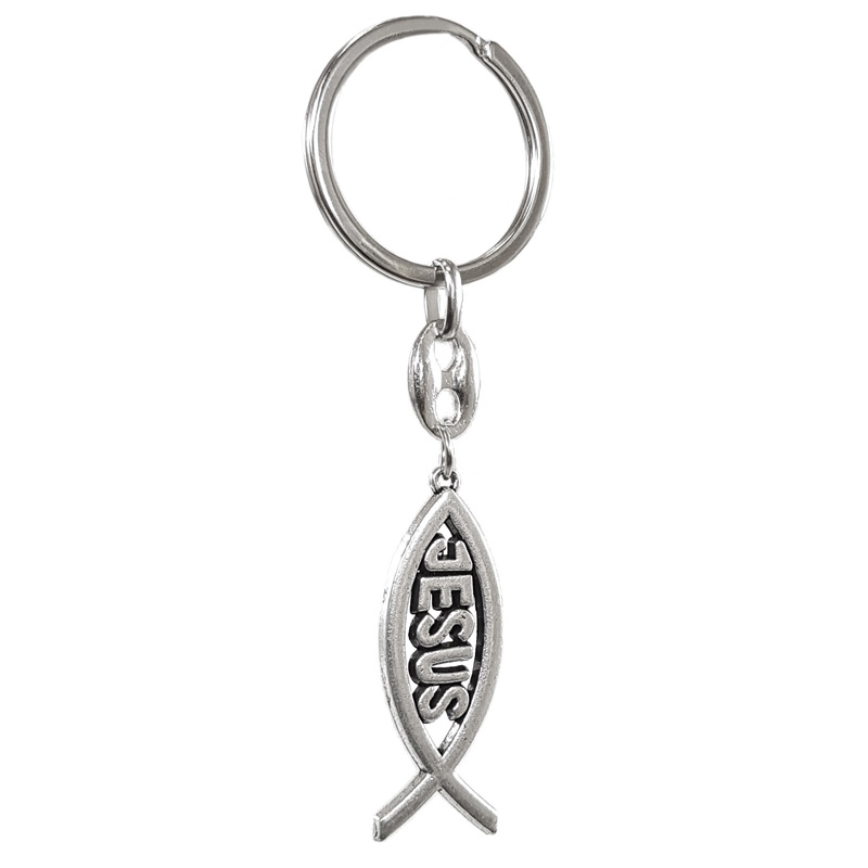 Stainless steel key chain - 'Ichthys sign with the inscription JESUS' (silver)