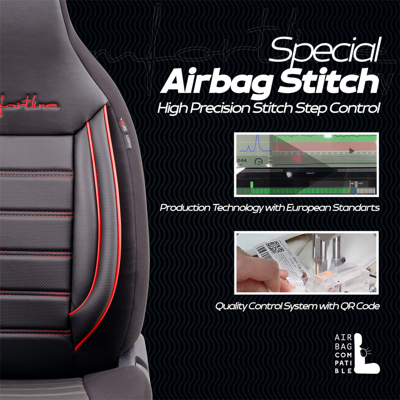 Universal Leather/Fabric 'CityBug' Seat cover set 'Comfortline' Black/Red - 9-pieces -  Side-Airbags