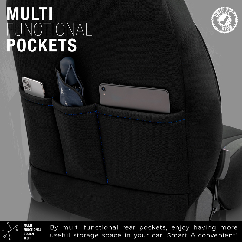 Universal Fabric/Leather Seat cover set 'Limited' Black + Blue stitching - 11-pieces -  Side-Airbags