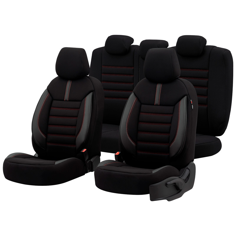 Universal Fabric/Leather Seat cover set 'Limited' Black + Red stitching - 11-pieces -  Side-Airbags