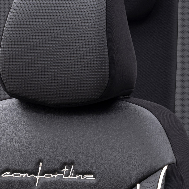Universal Leather/Fabric Seat cover set 'Comfortline' Black/Grey + White trim - 11-pieces -  Side-Airbags