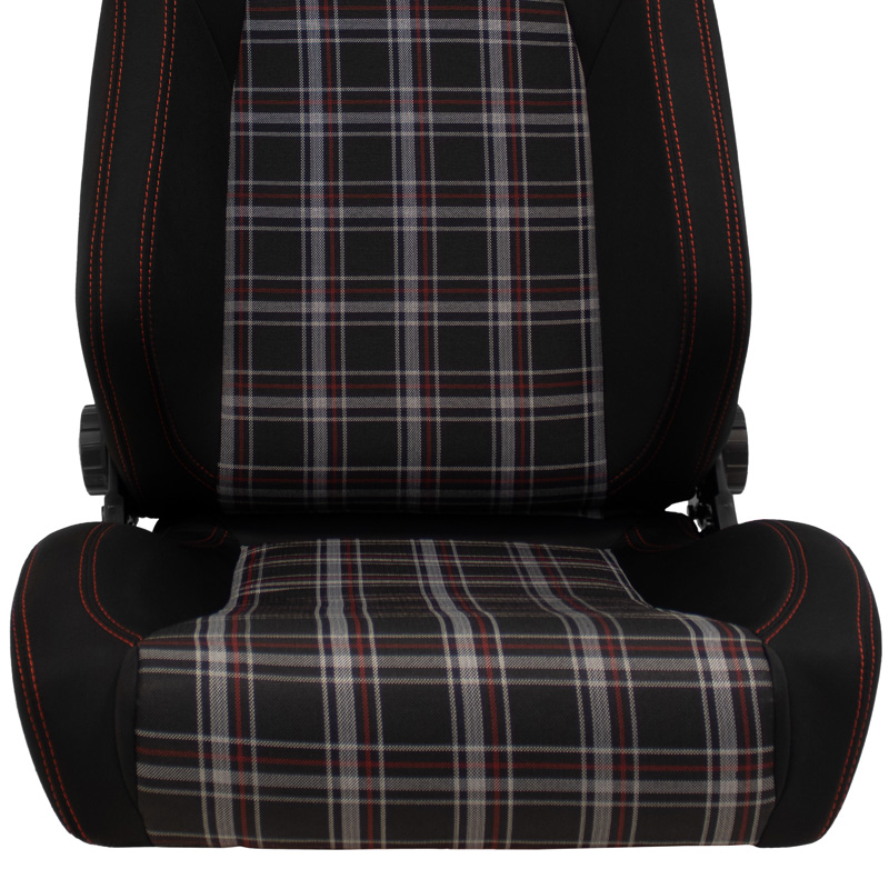 Sport seat 'VGR' - Black Fabric + Fabric in Red checkered pattern + Red stitching - Dual-side reclinable back-rest - incl. slides