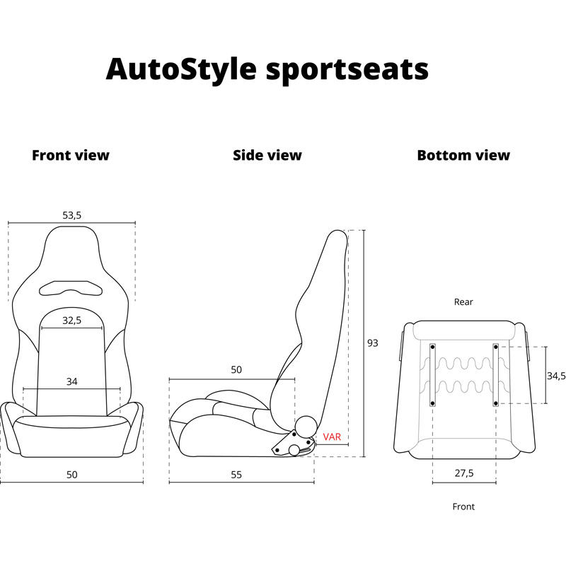 Sport seat 'VGR' - Black Synthetic leather + Silver stitching - Dual-side reclinable back-rest - incl. slides