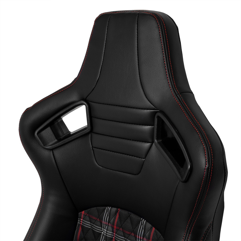Sport seat 'GT' - Black Synthetic leather + Fabric in Red checkered pattern + Red stitching - Dual-side reclinable back-rest - incl. slides