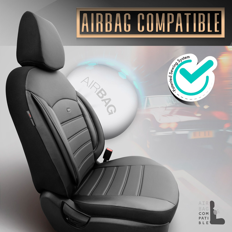 Universal Full-Leather Seat cover set 'Inspire' Black - 11-pieces -  Side-Airbags