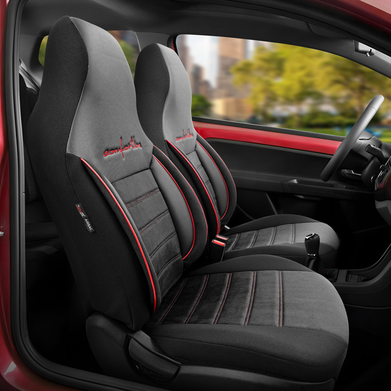 Universal Velours/Fabric 'CityBug' Seat cover set 'Comfortline' Black/Red - 9-pieces -  Side-Airbags