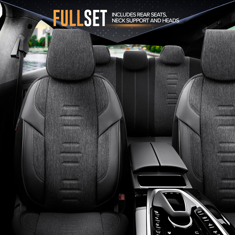 Universal Linen/Leather/Fabric Seat cover set 'Throne' Black/Grey - 11-pieces -  Side-Airbags