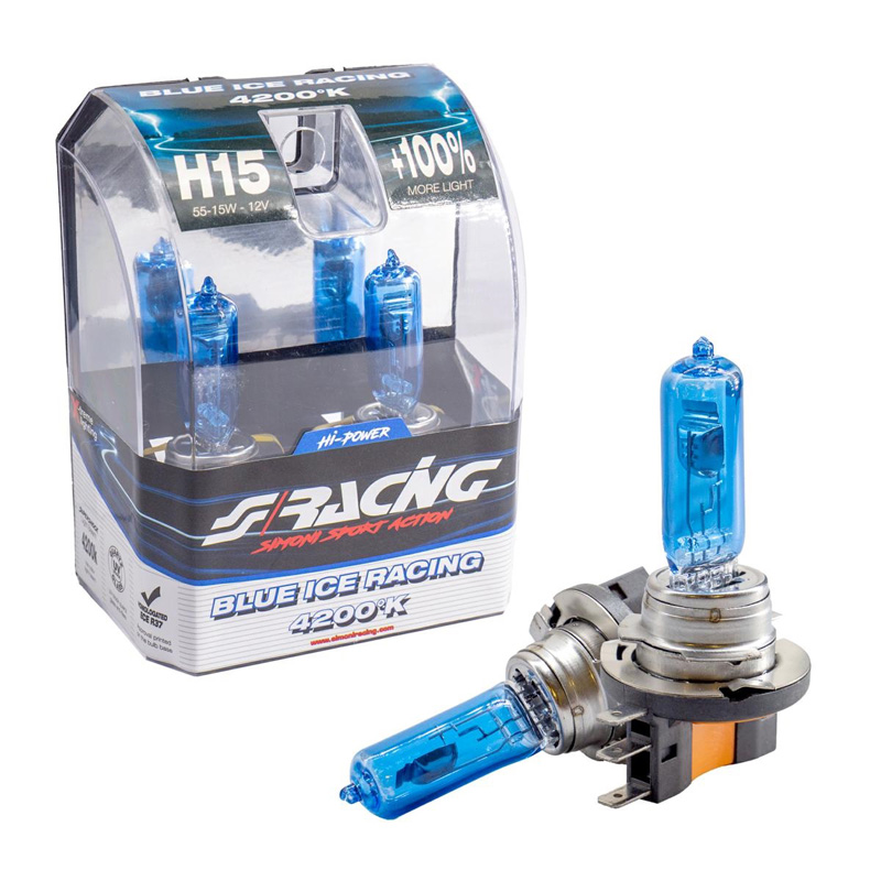 Simoni Racing Halogen Bulbs 'Blue Ice Racing' H15 (4200K) 12V/55-15W, set of 2 pieces ECE-R37