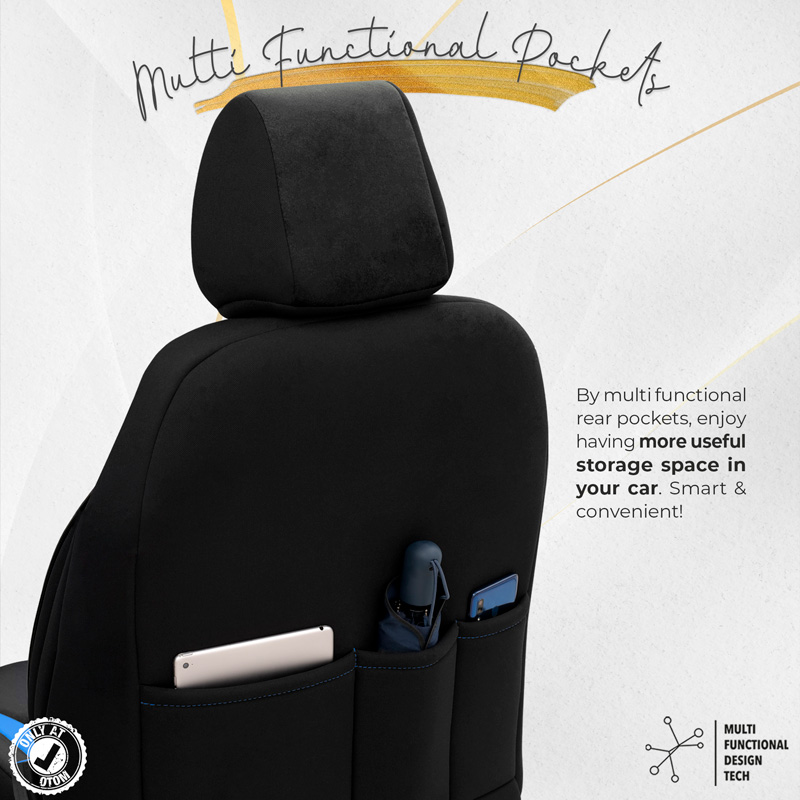 Universal Suede/Leather/Fabric Seat cover set 'Iconic' Black/Blue - 11-pieces -  Side-Airbags