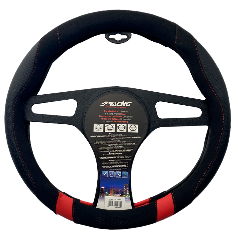 Simoni Racing Steering Wheel Cover Good Vibe R - Black Ecoleather/Microfiber/Carbon Look + Red Inserts - 37-39cm