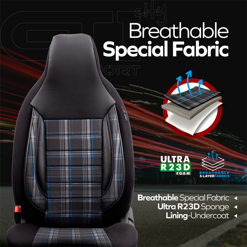 Universal Fabric 'CityBug' Seat cover set 'Sports' Black/Grey/Blue - 9-pieces -  Side-Airbags