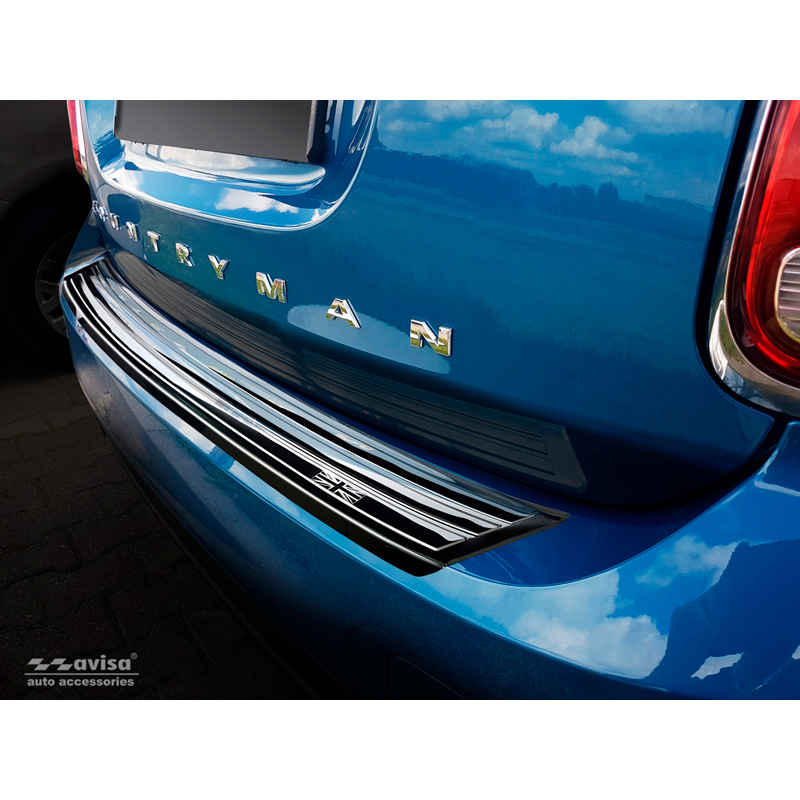 Black Mirror Stainless Steel Rear bumper protector  Mini Countryman F60 2016-2020 'flag/lines'