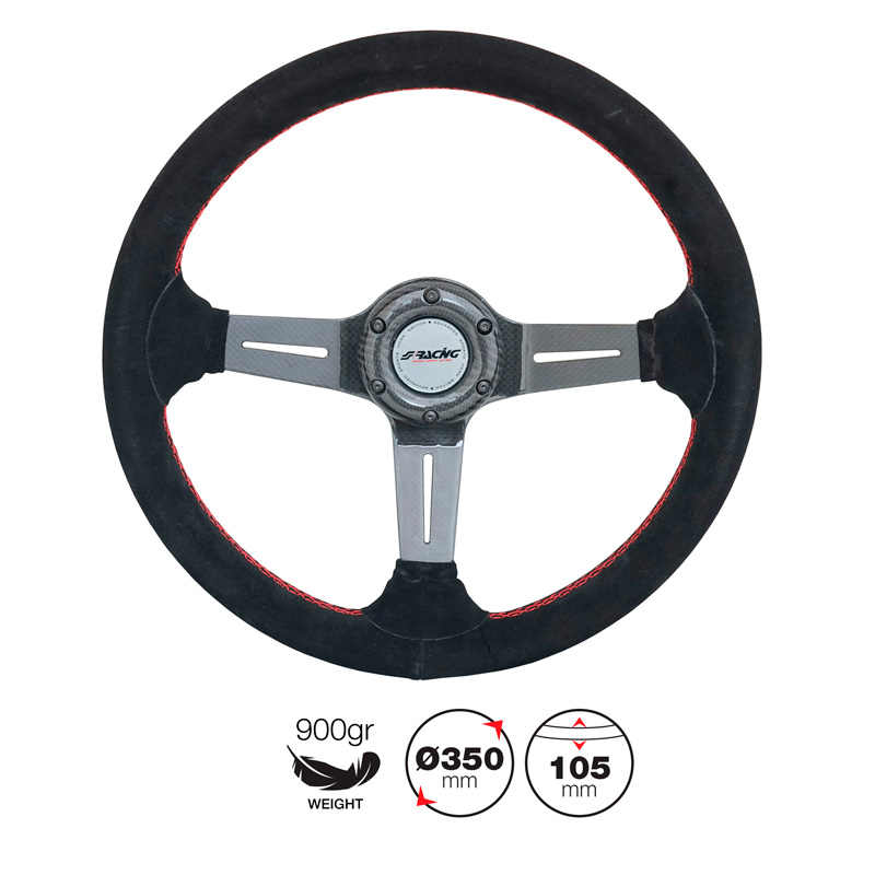 Simoni Racing Universal Steering Wheel Carlos - Carbon - Black Suede + Red Stitching - Diameter 350mm