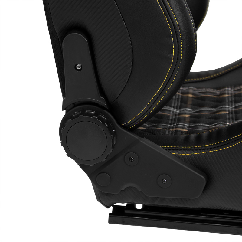 Sport seat 'GT' - Black Synthetic leather + Fabric in Yellow checkered pattern + Yellow stitching - Dual-side reclinable back-rest - incl. slides