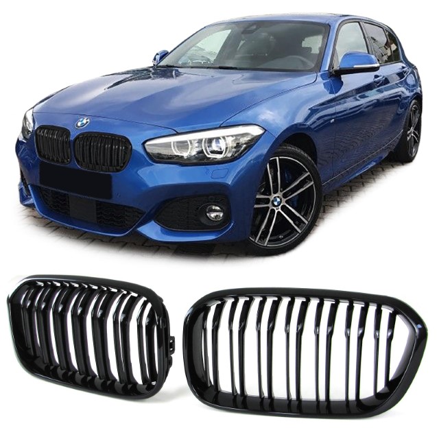 Grill Nieren passend voor BMW F20/F21 15-19 Glans Zwart Dubbel Spaak