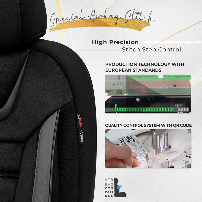 Universal Suede/Leather/Fabric Seat cover set 'Iconic' Black/Grey - 11-pieces -  Side-Airbags