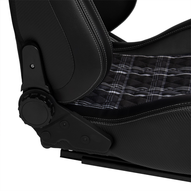 Sport seat 'GT' - Black Synthetic leather + Fabric in Grey checkered pattern + Grey stitching - Dual-side reclinable back-rest - incl. slides