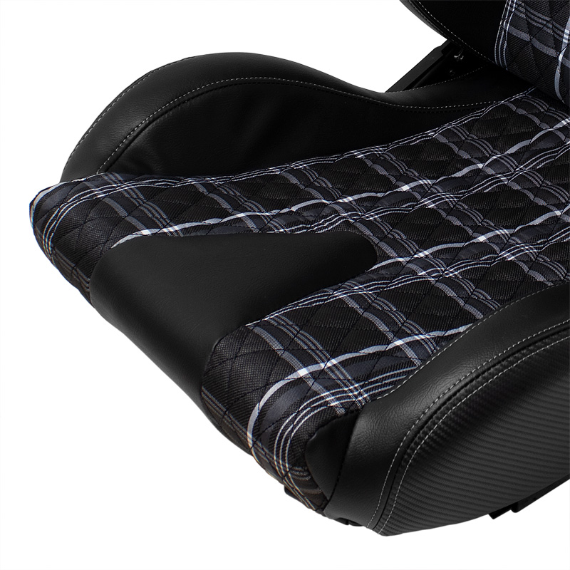 Sport seat 'GT' - Black Synthetic leather + Fabric in Grey checkered pattern + Grey stitching - Dual-side reclinable back-rest - incl. slides