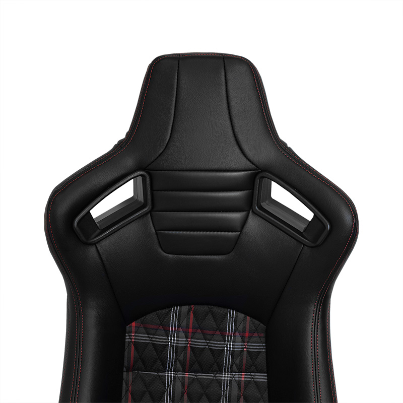 Sport seat 'GT' - Black Synthetic leather + Fabric in Red checkered pattern + Red stitching - Dual-side reclinable back-rest - incl. slides