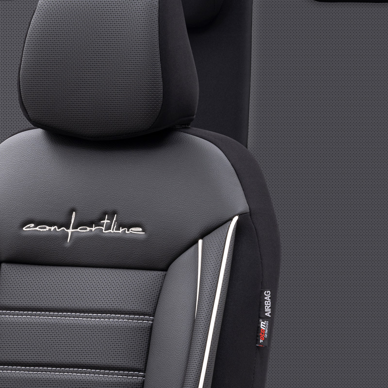 Universal Leather/Fabric Seat cover set 'Comfortline' Black/Grey + White trim - 11-pieces -  Side-Airbags