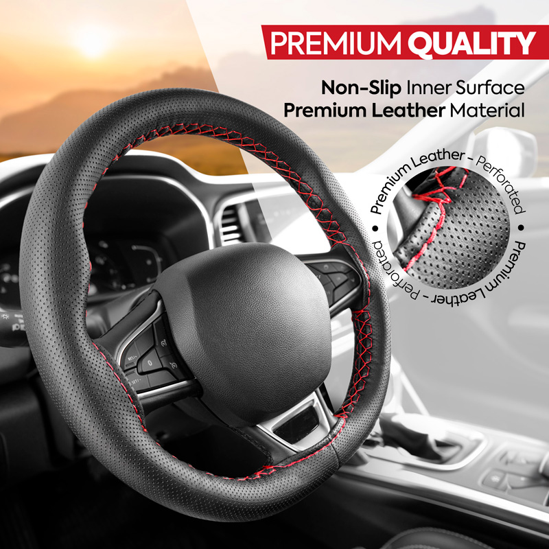 Universal steering wheel cover Classic - Black punched PVC leather + Red stitch (lace)