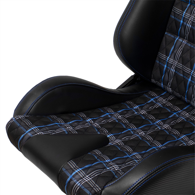 Sport seat 'GT' - Black Synthetic leather + Fabric in Blue checkered pattern + Blue stitching - Dual-side reclinable back-rest - incl. slides