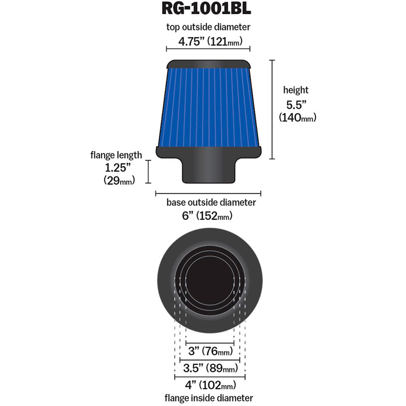 K&N RG-Serie Universal air-Filter with 3 Installation diameters Blue (RG-1001BL-L)