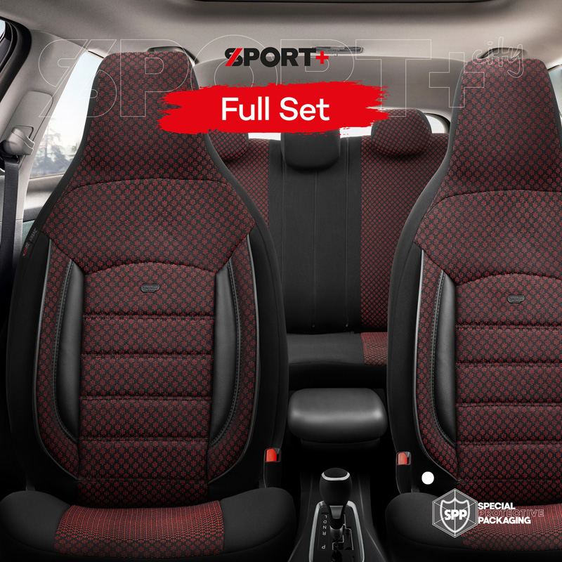 Universal Fabric 'CityBug' Seat cover set 'Sport Plus' Black/Red - 9-pieces -  Side-Airbags