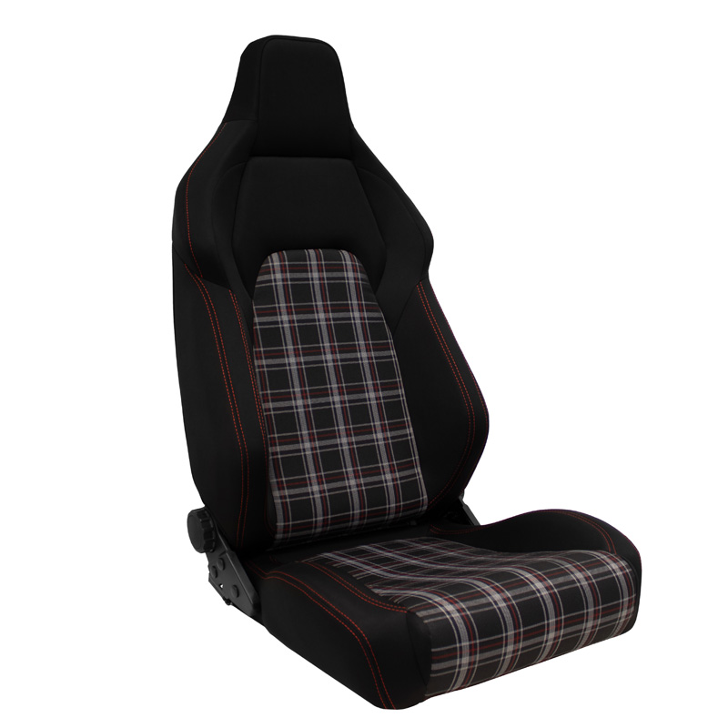 Sport seat 'VGR' - Black Fabric + Fabric in Red checkered pattern + Red stitching - Dual-side reclinable back-rest - incl. slides