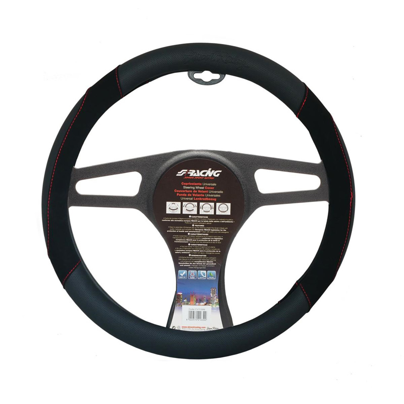 Simoni Racing Steering Wheel Cover Shammy - Black Ecoleather + Red Stitching - 37-39cm