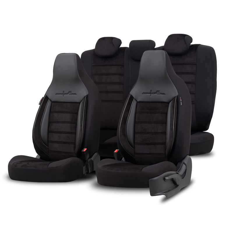 Universal Velours/Fabric 'CityBug' Seat cover set 'Comfortline' Black/Grey - 9-pieces -  Side-Airbags